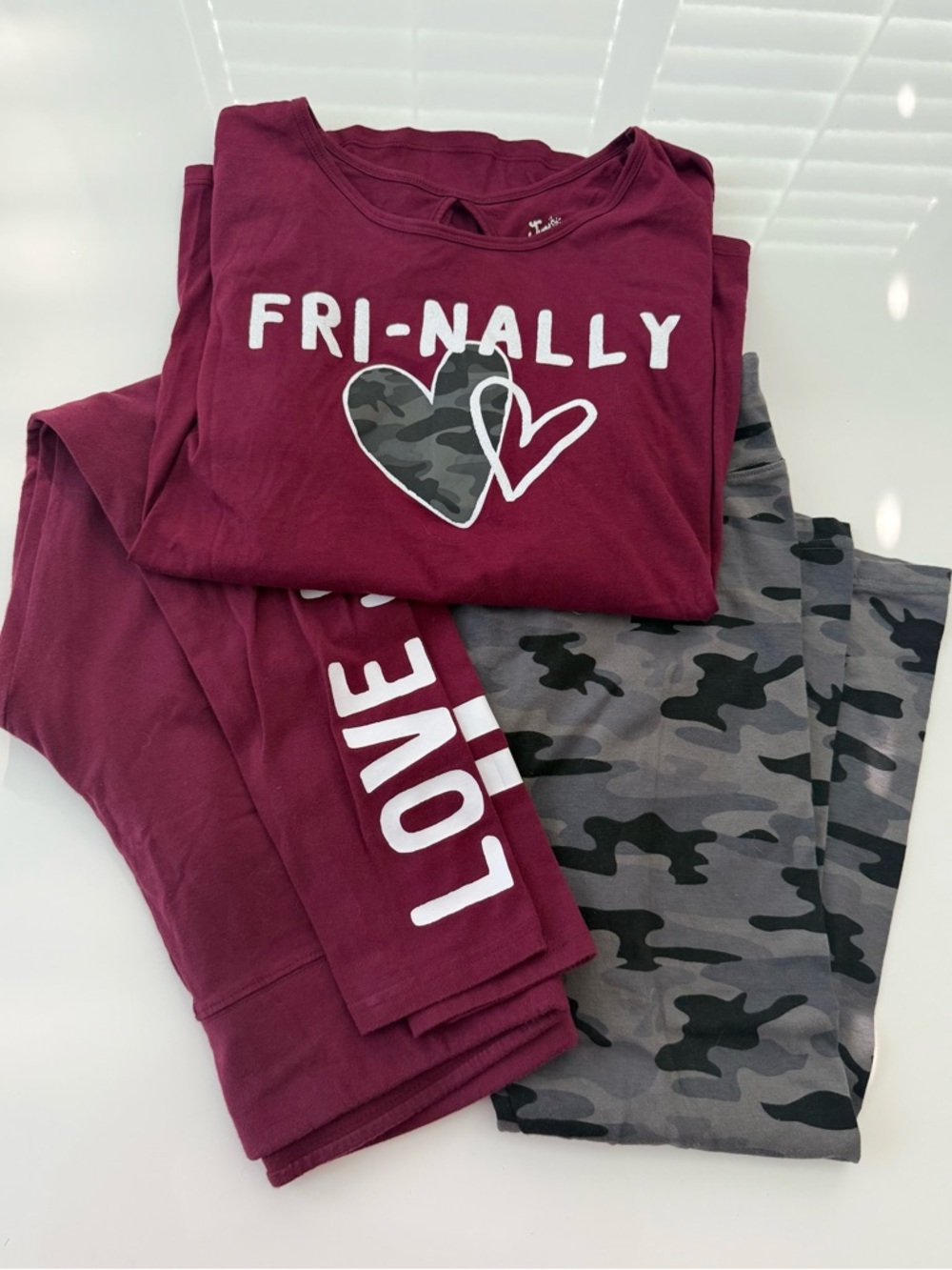 Justice Burgundy Mix and Match Shirt and Pants Set with Gray Camo Hearts